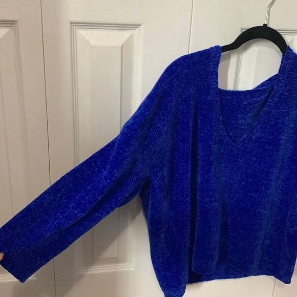 Express Cobalt Blue Chenille 3/4 Sleeve Cropped Loose Fit Sweater US Small - Picture 6 of 13